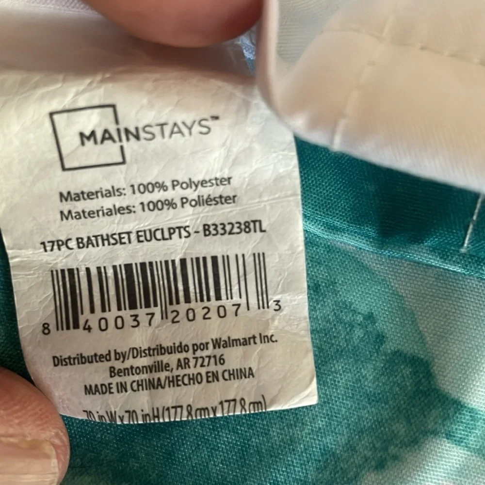 Mainstays Shower Curtain & Shower Hooks Silver Beads Teal White Bathroom Set